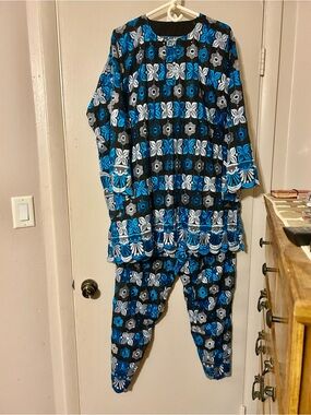 Hand Made Women Black Pant Set with Embroidered Teal Blue & White Floral Designs